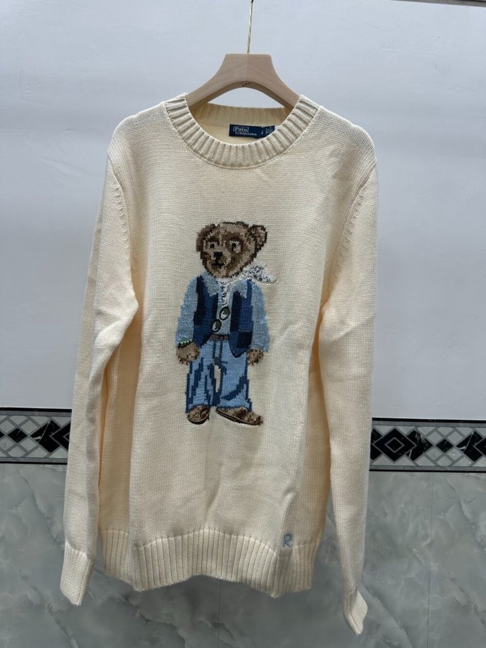 Polo by Ralph Lauren Cream Crewneck Sweater with Bear Motif